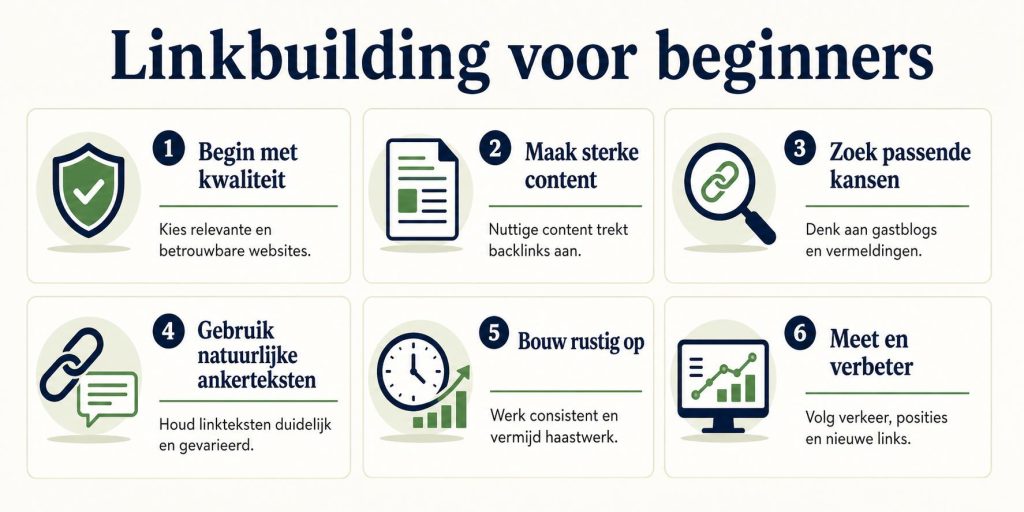 Visuele gids over linkbuilding voor beginners met stappen, strategieën en praktische tips voor backlinks